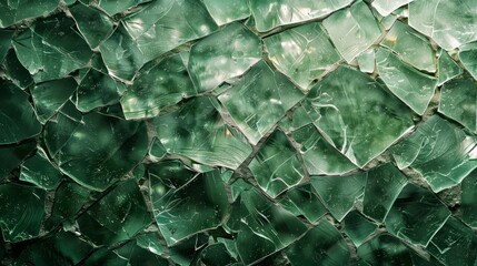 Poster - Broken green glass pieces scattered on a surface, reflecting light