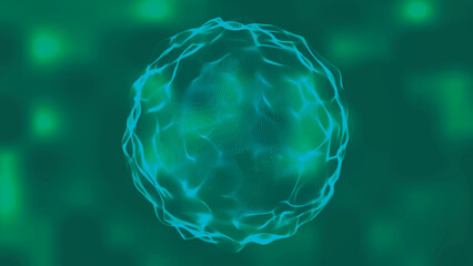 Futuristic fluid geometric sphere. Abstract motion graphics with liquid particles moving in sphere. Abstract organic cell. Magic ball, Neon sphere. Vector illustration.