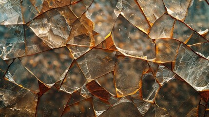 Poster - Textured close-up of cracked glass with warm tones and intricate patterns in natural light