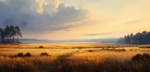 Wall Mural - an oil painting on canvas with a landscape of a sun-soaked field