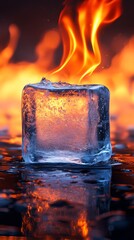 Poster - Ice cube standing on water with flames burning in background