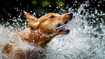 Poster - A dog shaking off water after a swim, creating a cascade of splashes around it.