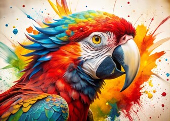Poster - Vibrant parrot portrait with bright red, yellow, and blue feathers against a white canvas background splattered with colorful paint, exuding energy and creativity.