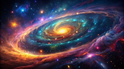 vibrant neon hues swirl across a blackened cosmic expanse, stars and galaxies radiate an ethereal gl