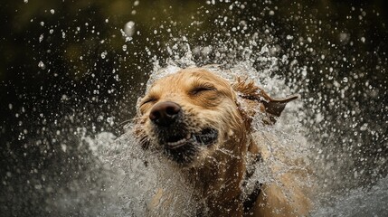 Poster - A dog shaking off water after a swim, creating a cascade of splashes around it.