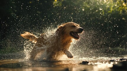Poster - A dog shaking off water after a swim, creating a cascade of splashes around it.