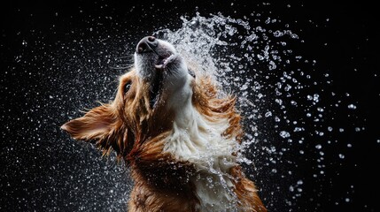 Poster - A dog shaking off water after a swim, creating a cascade of splashes around it.