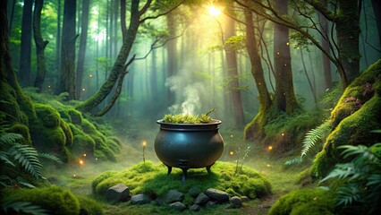 Enchanted cauldron in a mystical forest setting, Enchanted, forest, cauldron, magic, mystical, potion, spell, woodland