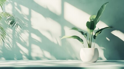 Wall Mural - Potted green plant on a light wooden table with soft natural light and shadow play in a serene indoor setting