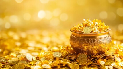 A pot filled with gold coins rests among a dazzling array of treasures