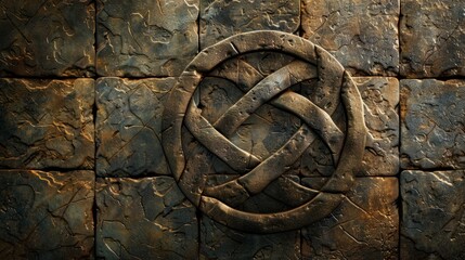 Poster - Ancient stone wall with intricate knot design illuminated by soft light