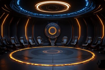 Poster - Modern futuristic conference room with advanced lighting and sleek design, perfect for sci-fi themed projects and futuristic concepts.