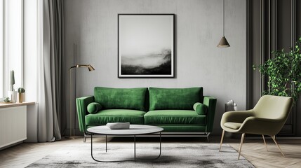 Poster - Modern living room with green sofa and minimalist decor in bright, stylish space