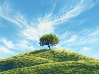 A lone maple tree stands on a bright green hill, set against a vast blue sky with wispy clouds, evoking solitude and calmness.