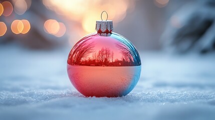 Canvas Print - Christmas ornament reflecting winter scene at sunset sitting on snow