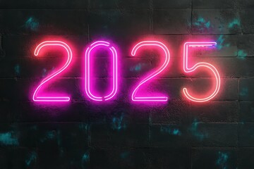 Neon numbers of 2025 shine brightly on a dark wall, symbolizing the significance of the upcoming year