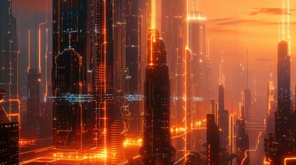 Wall Mural - A futuristic cityscape powered by AI, with glowing circuit lines running through buildings, symbolizing advanced technology