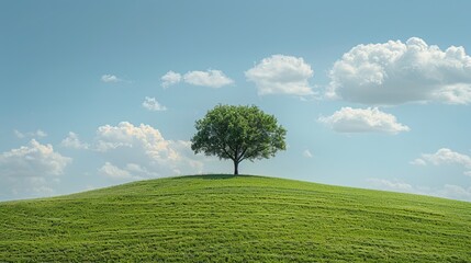 A lone acacia tree on a lush green hill under a crystal-clear sky with drifting white clouds, symbolizing peace and isolation.