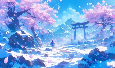 Enchanting Winter Wonderland with Delicate Plum Blossoms: Anime-Style 4K Scene for Creative Marketing and Game Design. Dreamy Snowy Landscape Featuring Vibrant Blue Sky and Elegant Flowers, Perfect fo