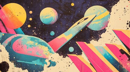 Wall Mural - Spaceship flying through colorful galaxy planets abstract illustration