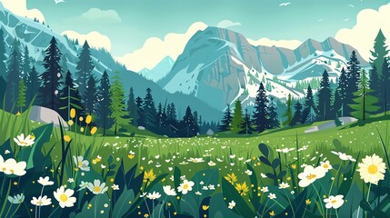 Alpine meadows, rich flora, high altitude plants, flat design illustration