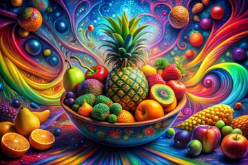Poster - Vibrant psychedelic fruit bowl overflows with surreal, glowing edibles amidst swirling patterns and bright tones, crafted with digital painting techniques to mesmerize the viewer.