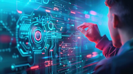 Poster - a business intelligence analyst using interactive dashboards to track kpis, neon blue hues, futurist