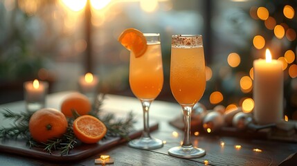 Two glasses filled with orange juice, a flickering candle, and slices of orange.