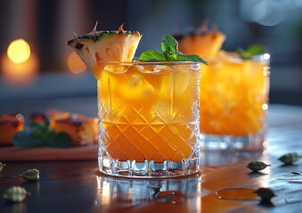 Wall Mural - Two glasses of orange drink featuring pineapple pieces and mint leaves.