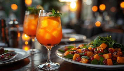 a table displaying two glasses filled with a vibrant orange drink.