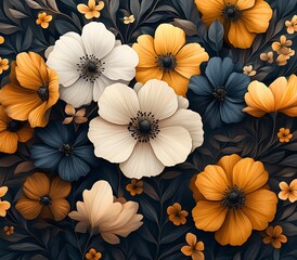 Wall Mural - A vibrant floral pattern with orange, blue, and white flowers against a dark background, perfect for wallpaper, fabric, and greeting cards,