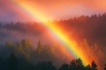 Wall Mural - Forest Sunrise with Rainbow Illustration