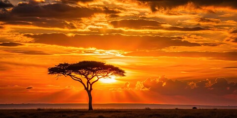 Wall Mural - Sunset over a savannah with an orange sky, silhouette of a tree, and clouds , sunset, tree, orange, savannah, clouds, nature