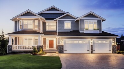 A large two-story house with three garages, showcasing the exterior of American houses in Washington State at dusk