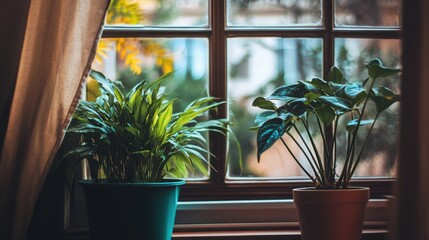 Wall Mural - Two potted plants sit on a window sill in front of an open door, AI