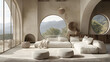 © Melvin - Beige boho living room interior with a large sofa, straw cushions and arched windows overlooking a mountain landscape.
