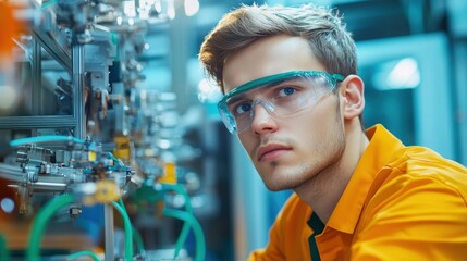 Wall Mural - A worker at a factory, overwhelmed with the noise and pressure of meeting production targets