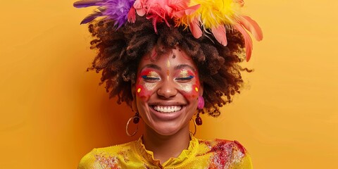 Happy young woman with colorful face paint and feathers on her head, smiling at the camera.