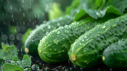 Young green fresh cucumbers with water droplets close-up