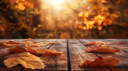 Poster - Brown Rustic Wooden table with blurred Autumn background and golden yellow old leaves, autumn table background copy space
