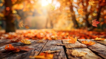 Poster - Rustic wooden table with blurred autumn background and golden yellow old leaves, autumn table background copy space