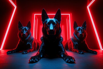 Aufkleber - Three German Shepherd Dogs in a dark room illuminated by red neon lights, giving a futuristic and intense atmosphere.