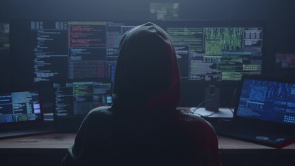A mysterious, shadowy figure cloaked in a hoodie meticulously works among various glowing computer monitors