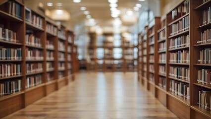 Abstract blurry interior environment of a public library with a room with bookshelves