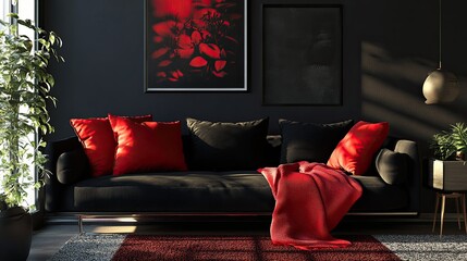 Wall Mural - A contemporary black couch with red accents in the form of pillows and a blanket, offering a chic and cozy vibe.