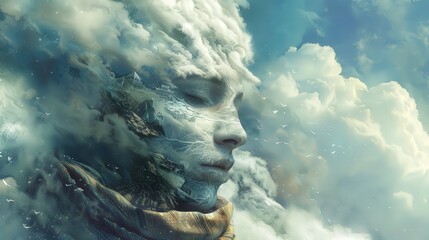 Poster - A tranquil figure emerges from swirling clouds, merging with the mountain backdrop, creating a dreamlike atmosphere during twilight