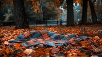 Sticker - A blanket on the ground in a park with leaves and trees, AI