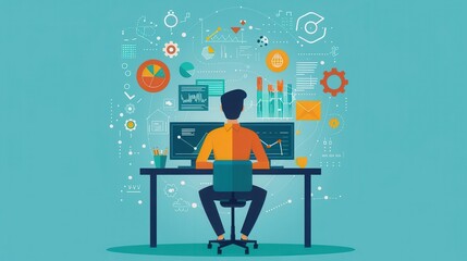 Poster - Analytical skills, person with data and charts, flat design illustration