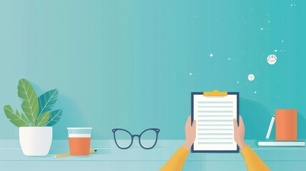 Poster - Assessment, person evaluating results on a clipboard, flat design illustration
