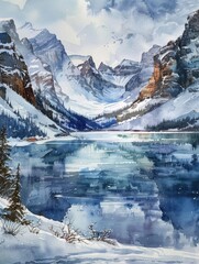 Poster - Mountain Lake Watercolor Painting